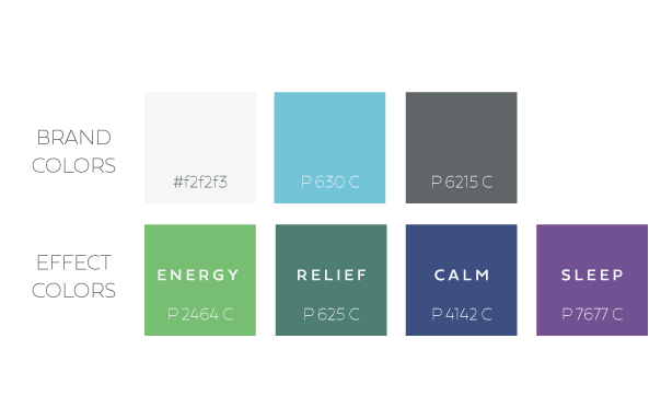 Color palette with two sections: brand colors with white, light blue, and dark gray, and effect colors with green, teal, navy, and purple, each labeled with their hex codes.