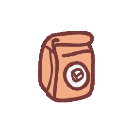 Cartoon illustration of a backpack with a circular emblem on the front pocket.