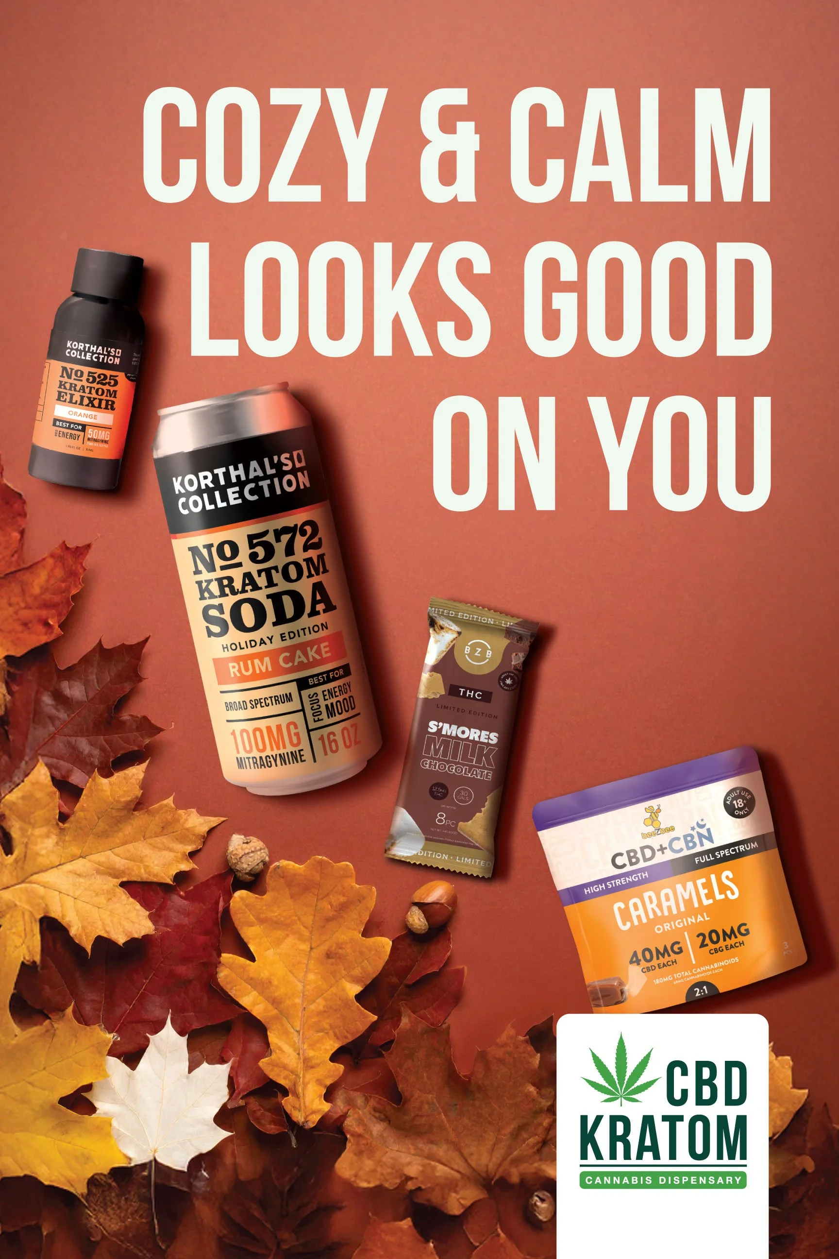 Autumn leaves with CBD and THC products, including a bottle of kratom soda, a s'mores milk chocolate bar, and a container of CBD caramel candies, on a red background.