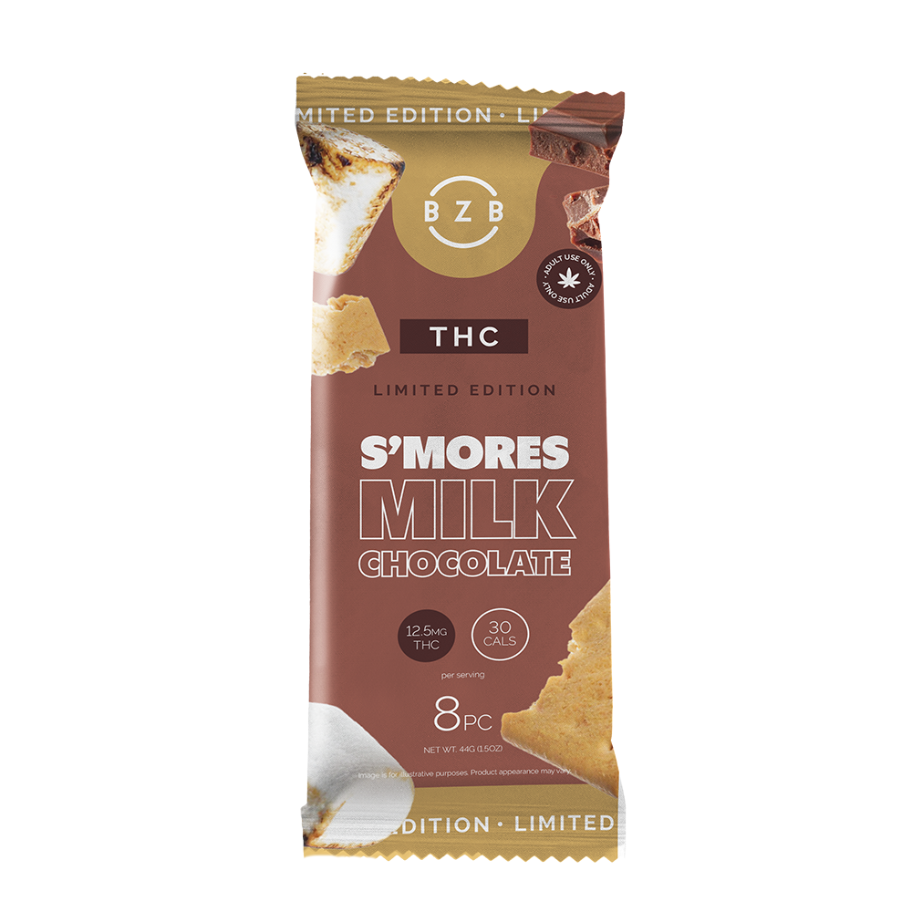 Packaging of S'mores Milk Chocolate limited edition with THC, containing 8 pieces, 12.5 mg THC per piece, 30 calories each, featuring a graham cracker, chocolate, and marshmallow images.