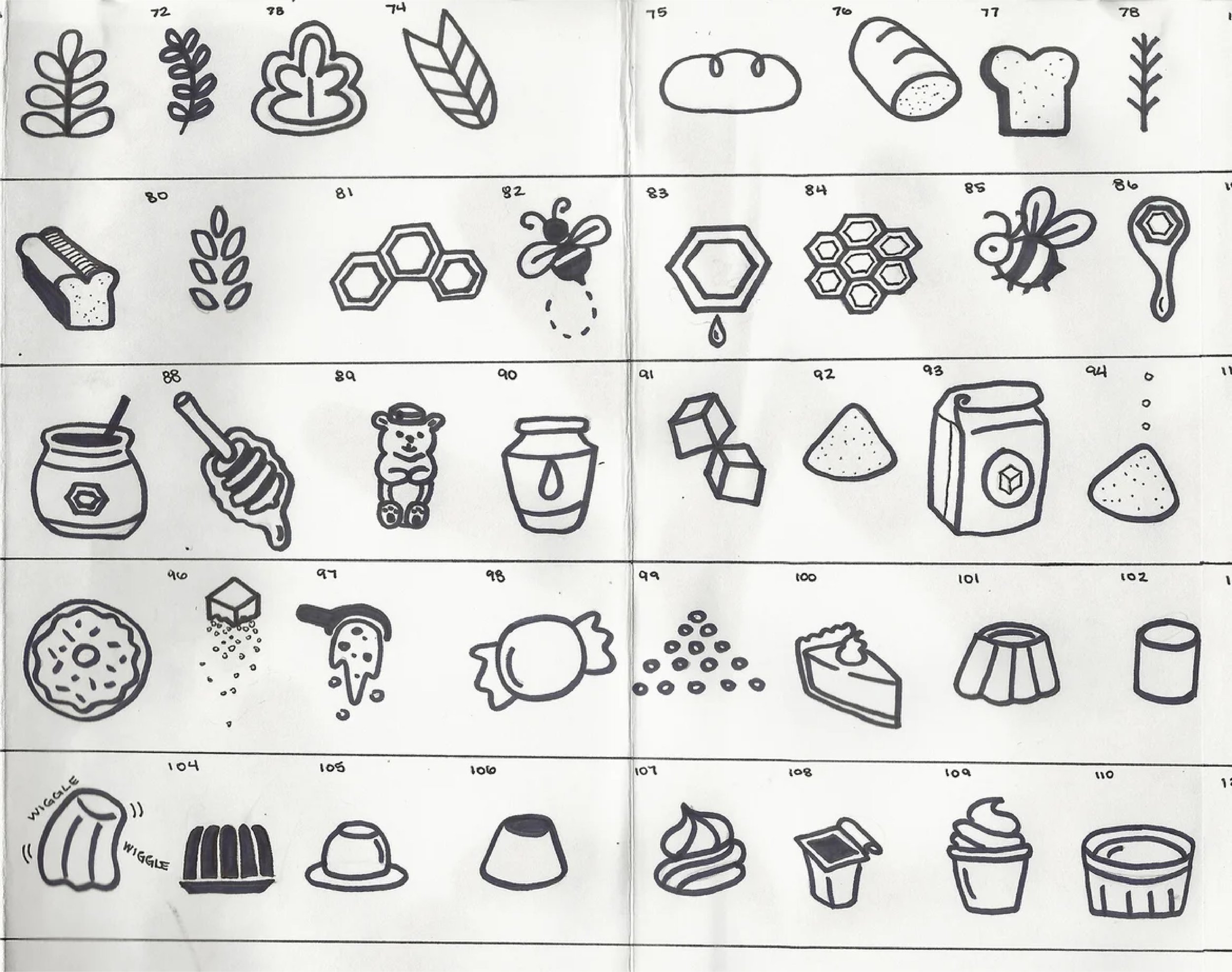 A collection of line drawings of various food and drink items, numbered from 72 to 112.