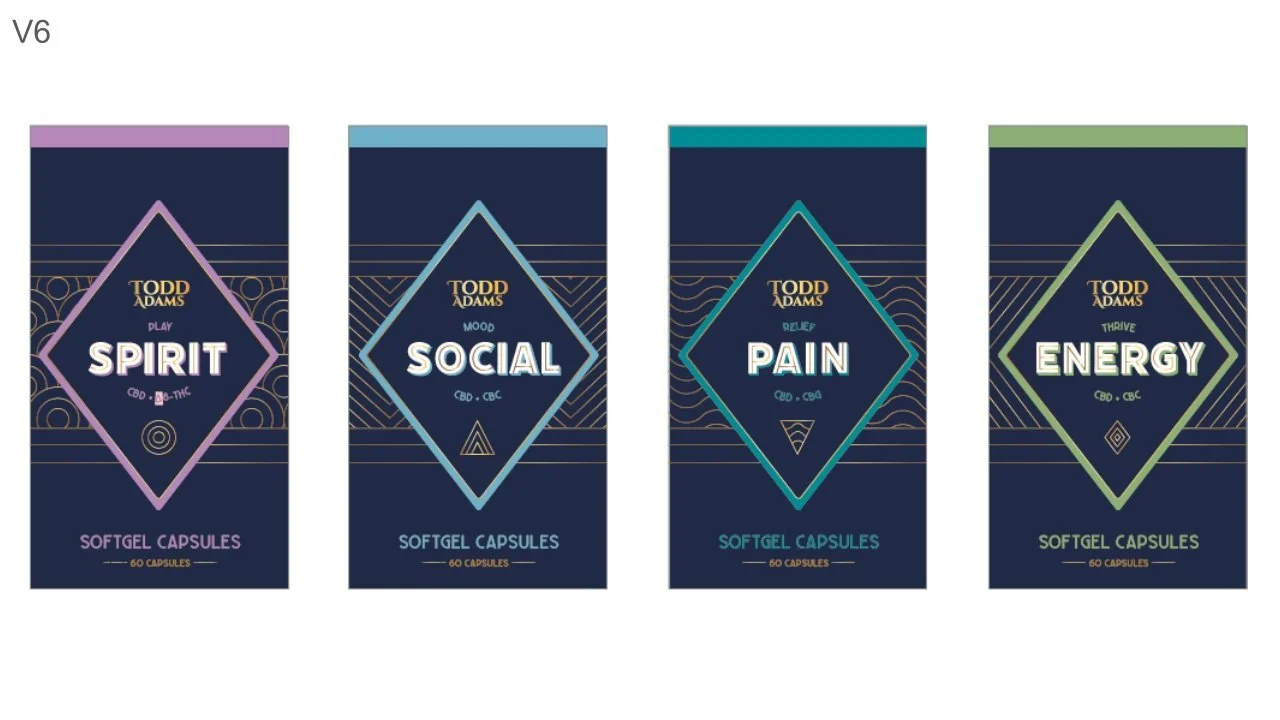 Four colorful supplement packages labeled Spirit, Social, Pain, and Energy by Todd Adams, each containing 60 softgel capsules, with vibrant and geometric design elements.