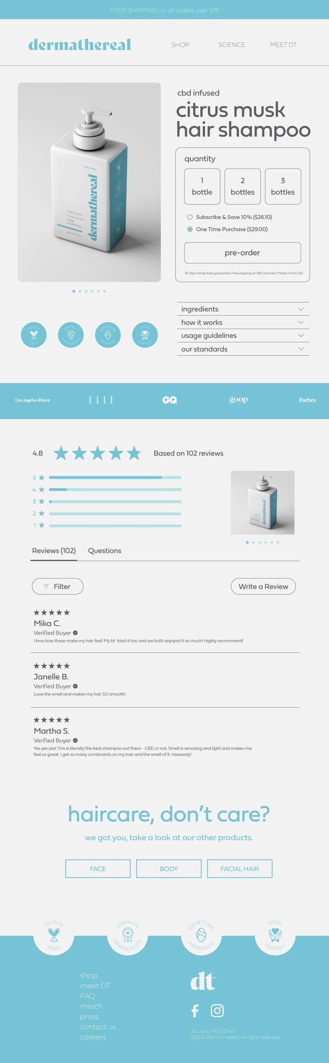 Product page for Dermatheral CBD infused citrus musk hair shampoo, showing a white bottle with a pump and blue text. Includes options for purchase quantity, subscription or one-time buy, and reviews.