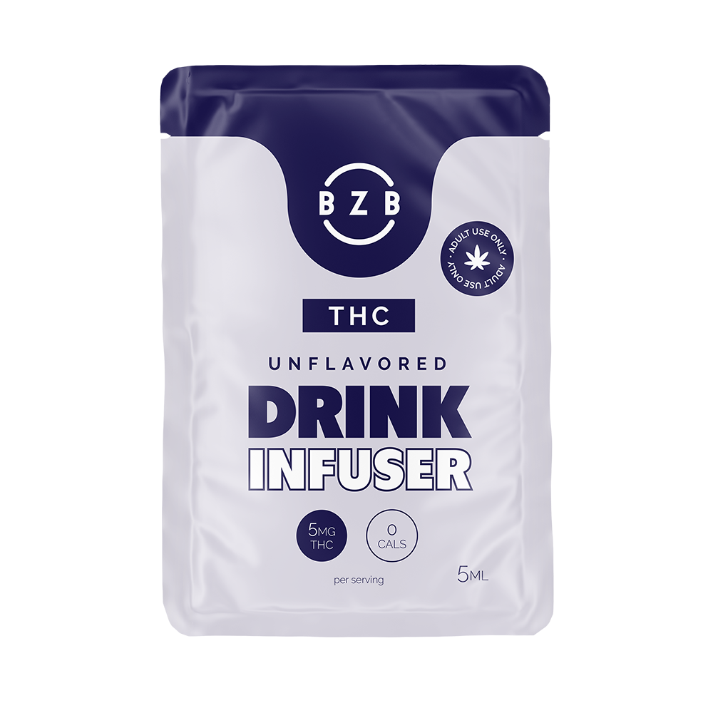 Packaged unflavored THC drink infuser with 5mg THC per 5ml serving, adult use only, 0 calories.