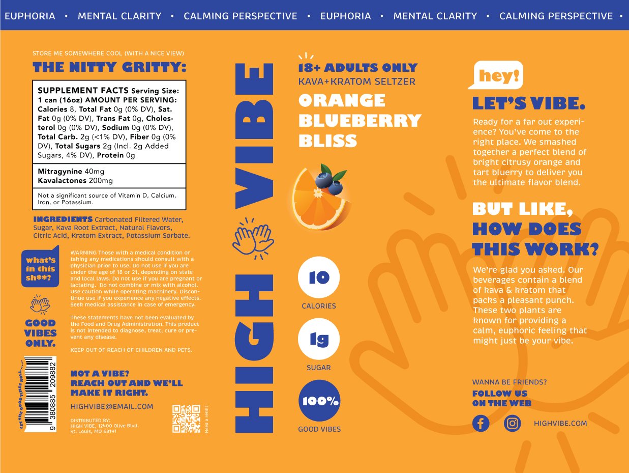 Bright orange and blue packaging of a cannabis seltzer beverage labeled 'The Nitty Gritty: Orange Blueberry Bliss' with various product and nutritional information, ingredients, and branding elements.