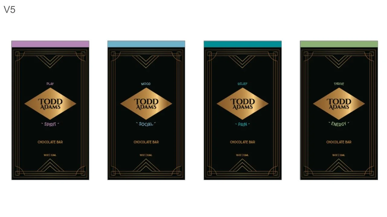 Four black chocolate bar wrappers with gold and pastel accents, each featuring a different themed label for Todd Adams, including Play Spirit, Mood Social, Relief Pain, and Thrive Energy, with colorful tabs at the top.