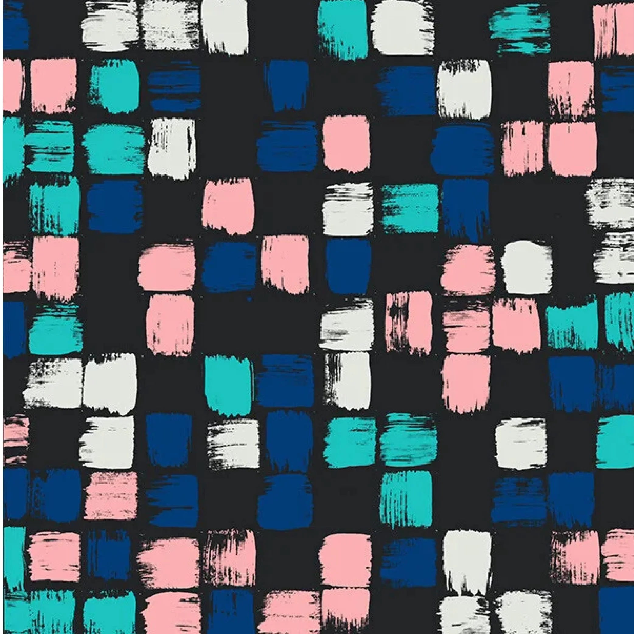 A digital pattern of brushstroke squares in pink, white, blue, light blue, and turquoise on a black background.