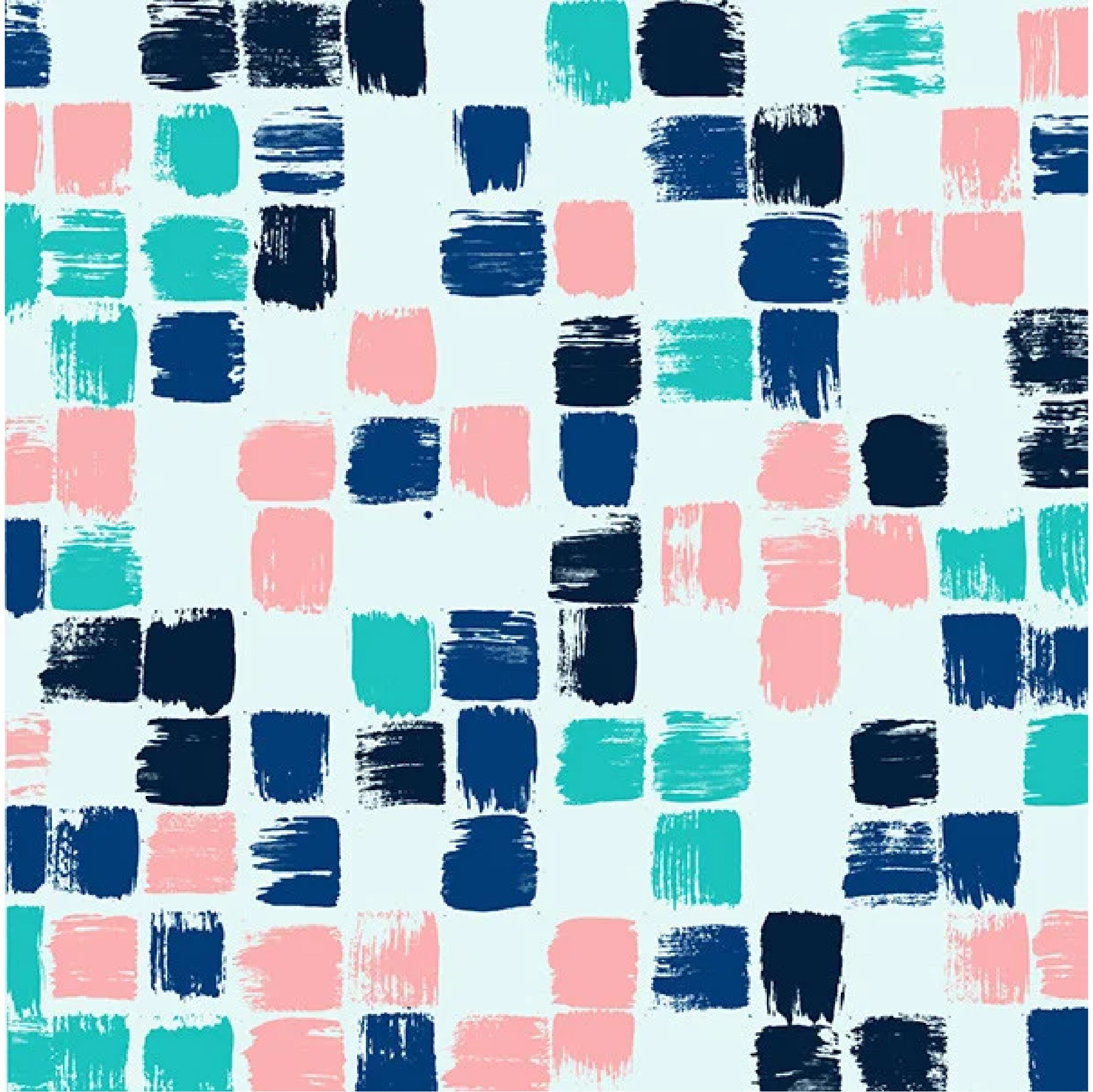 Abstract pattern of painted squares in shades of pink, navy blue, teal, and black on a light background.