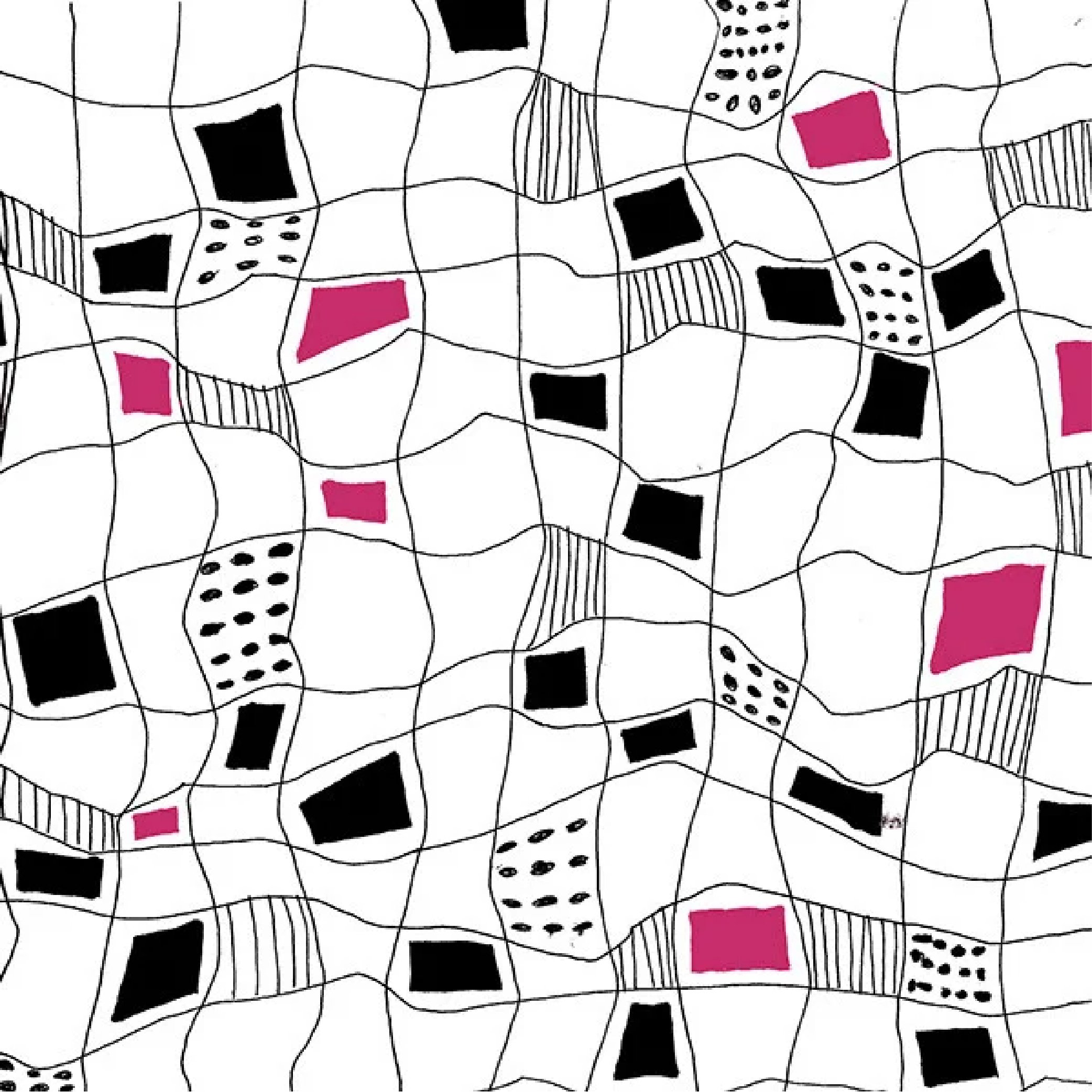 Abstract black, white, and pink geometric pattern with irregular shapes, lines, and dotted textures.