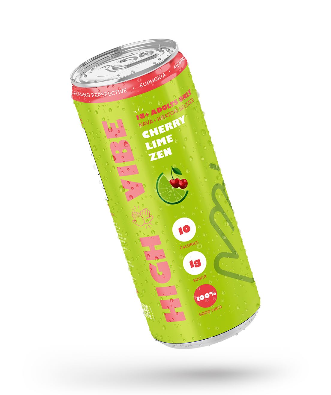 A green can of flavored sparkling water named 'HARD' with cherry and lime flavor, featuring a red pull tab, water droplets, and text indicating it is for adults 18 and over, with nutritional information including 10 calories, 1 gram of sugar, and 100