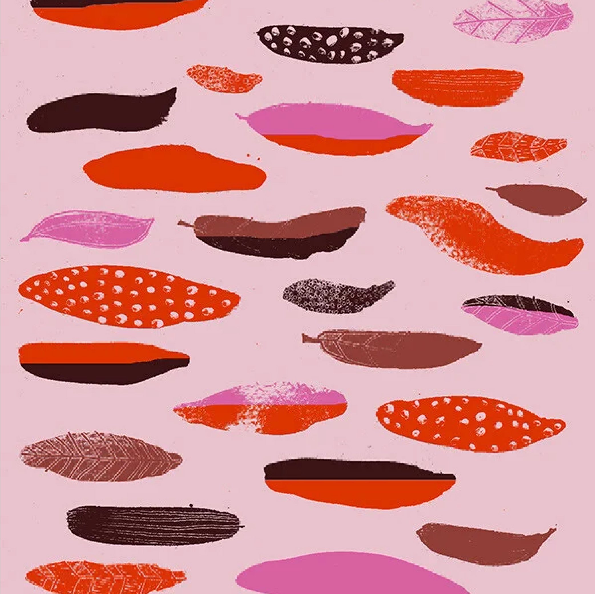 Abstract illustration of various stylized leaves in pink, red, orange, black, brown, and purple on a light pink background.