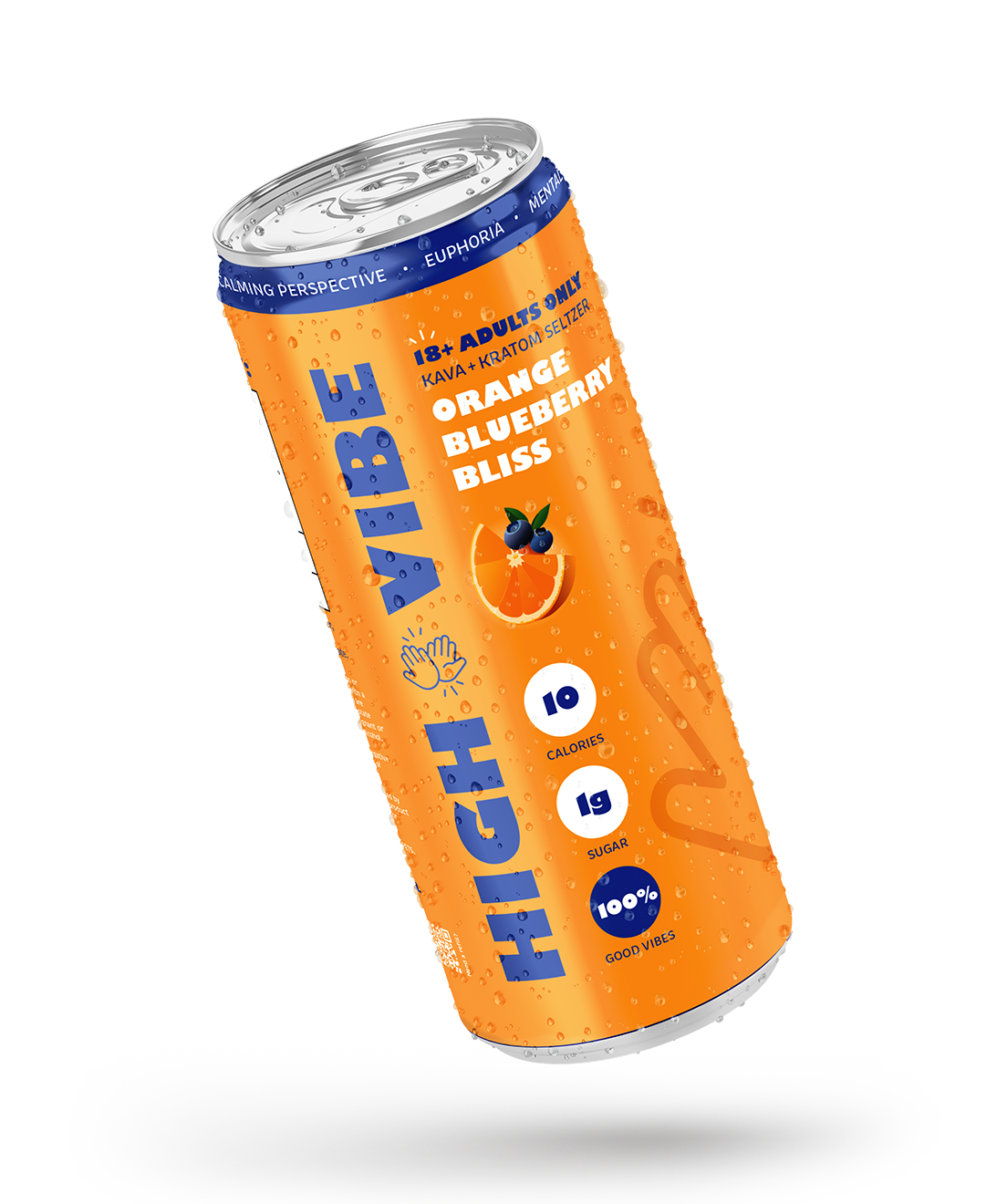 Can of HBEV Orange Blueberry Bliss, a beverage for adults featuring a can with orange and blue colors, blueberries and orange slice images, and nutritional info including 10 calories, 1g sugar, and 100% good vibes.