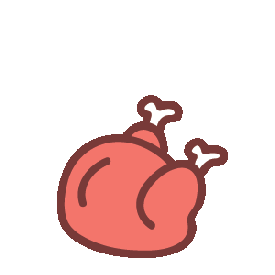 A cartoon illustration of a cooked chicken leg with steam rising from it on a brown background.