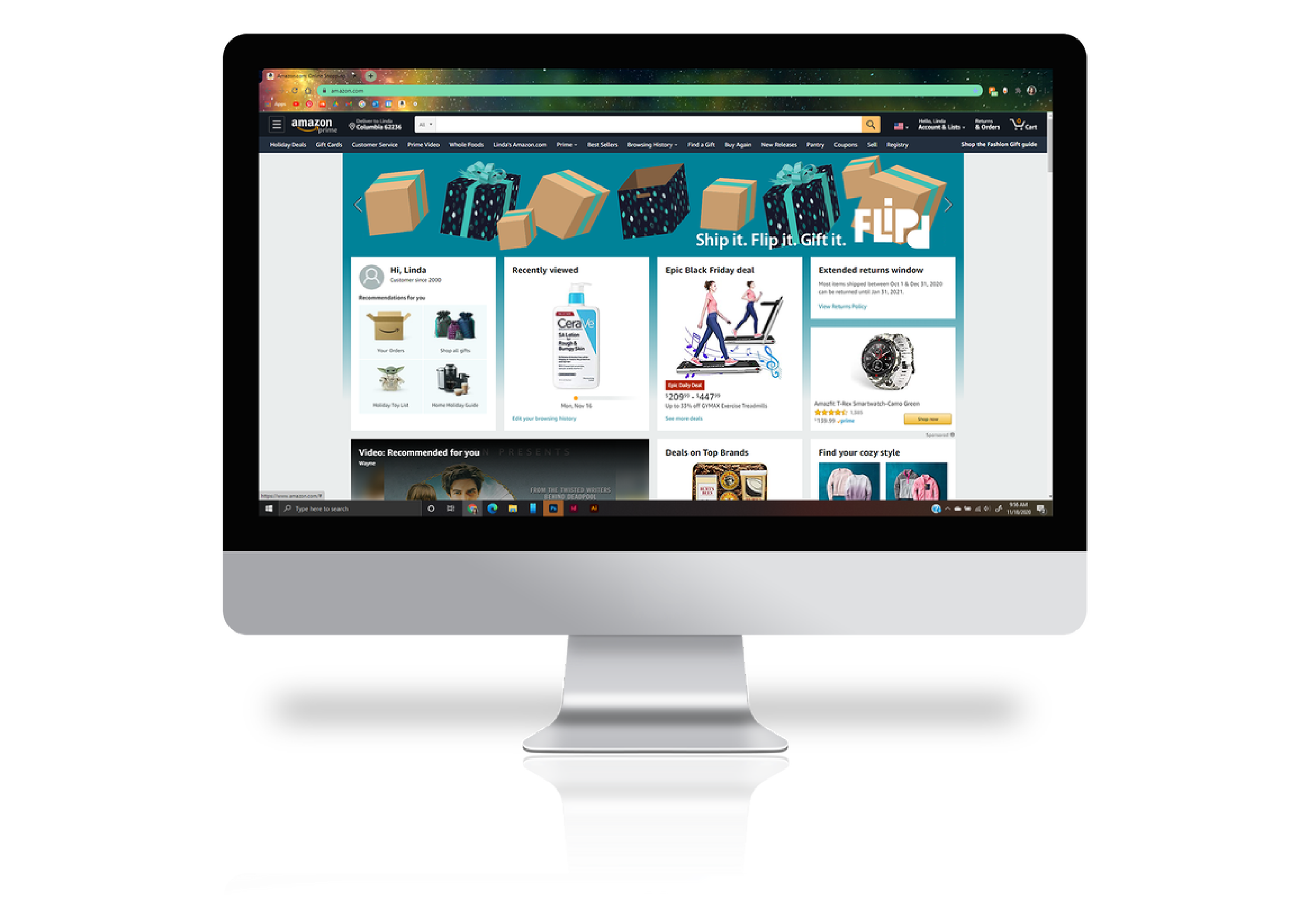 Computer monitor displaying the Amazon website with holiday-themed gift boxes banner and various product recommendations.