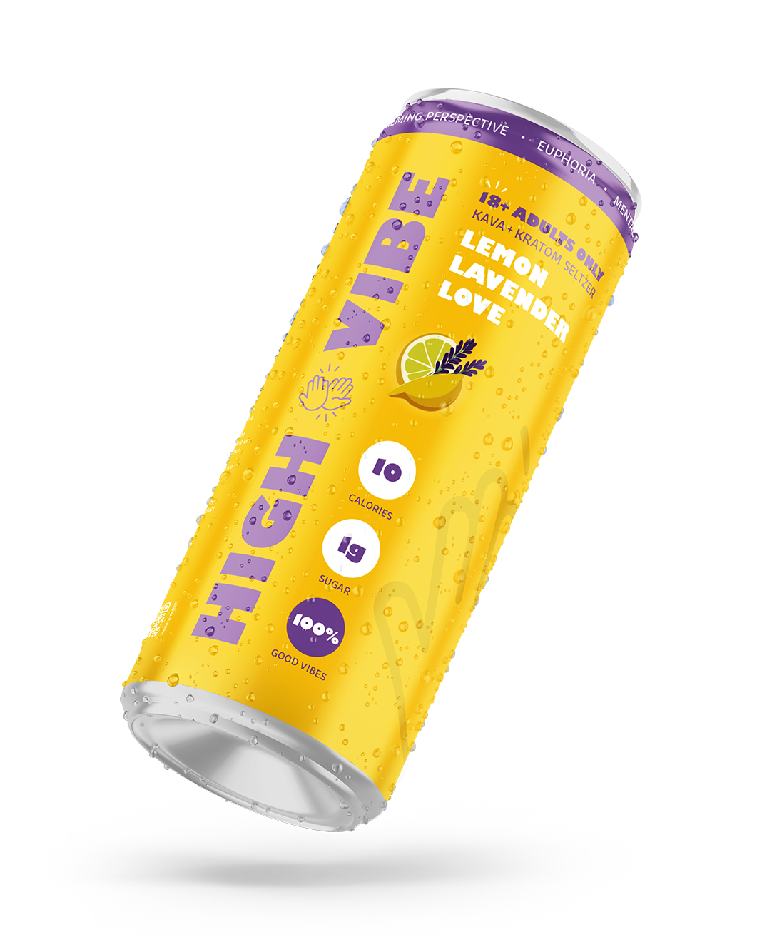 A colorful can of VIBE Lemon Lavender Love energy drink with lemon, lavender, and lime illustrations, emphasizing 10 calories, 19 grams of sugar, 100% good vibes, and a flavor suitable for adults.