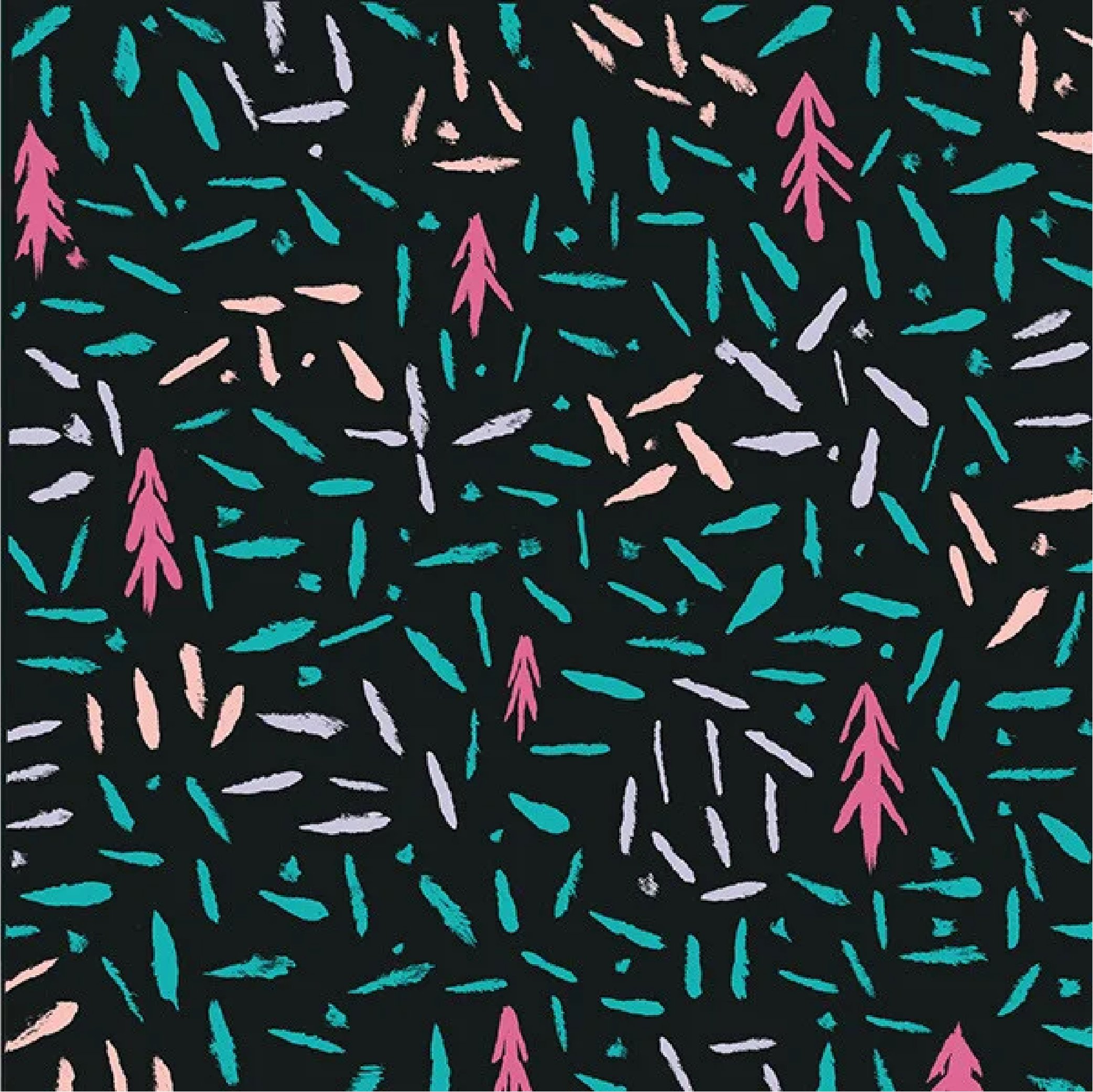 Colorful pattern of pink, blue, and white stylized pine trees and brush strokes on a black background.