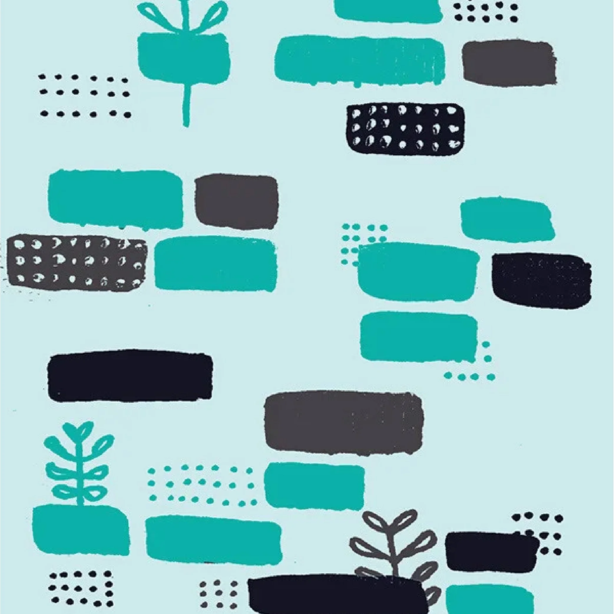 Abstract pattern with black, teal, and gray rectangles, dotted and leaf motifs on a light blue background.