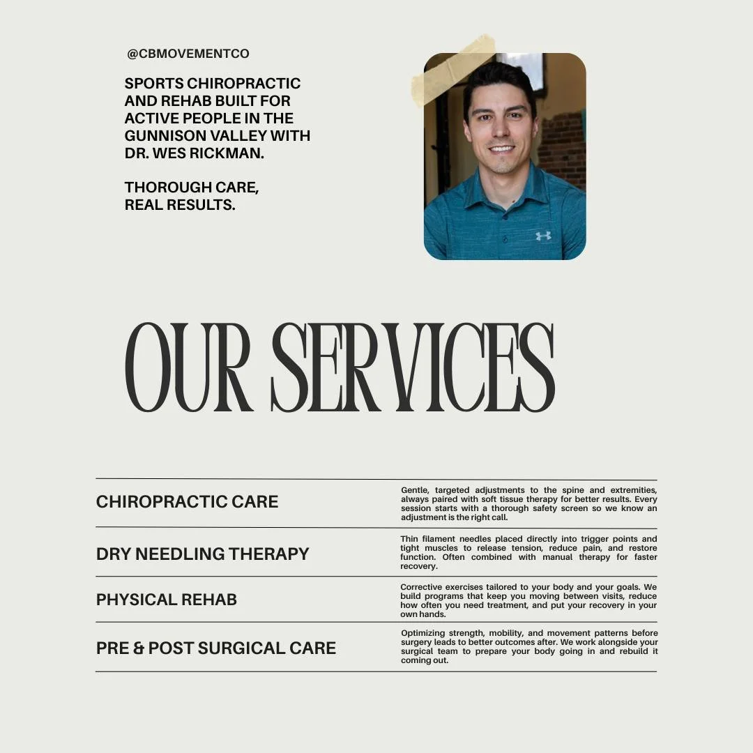 Sports chiropractic and rehab built for active people in the Gunnison Valley. Every visit is one-on-one with Dr. Wes Rickman, DC, with longer sessions that combine hands-on treatment, dry needling, corrective exercise, and education into a single vis
