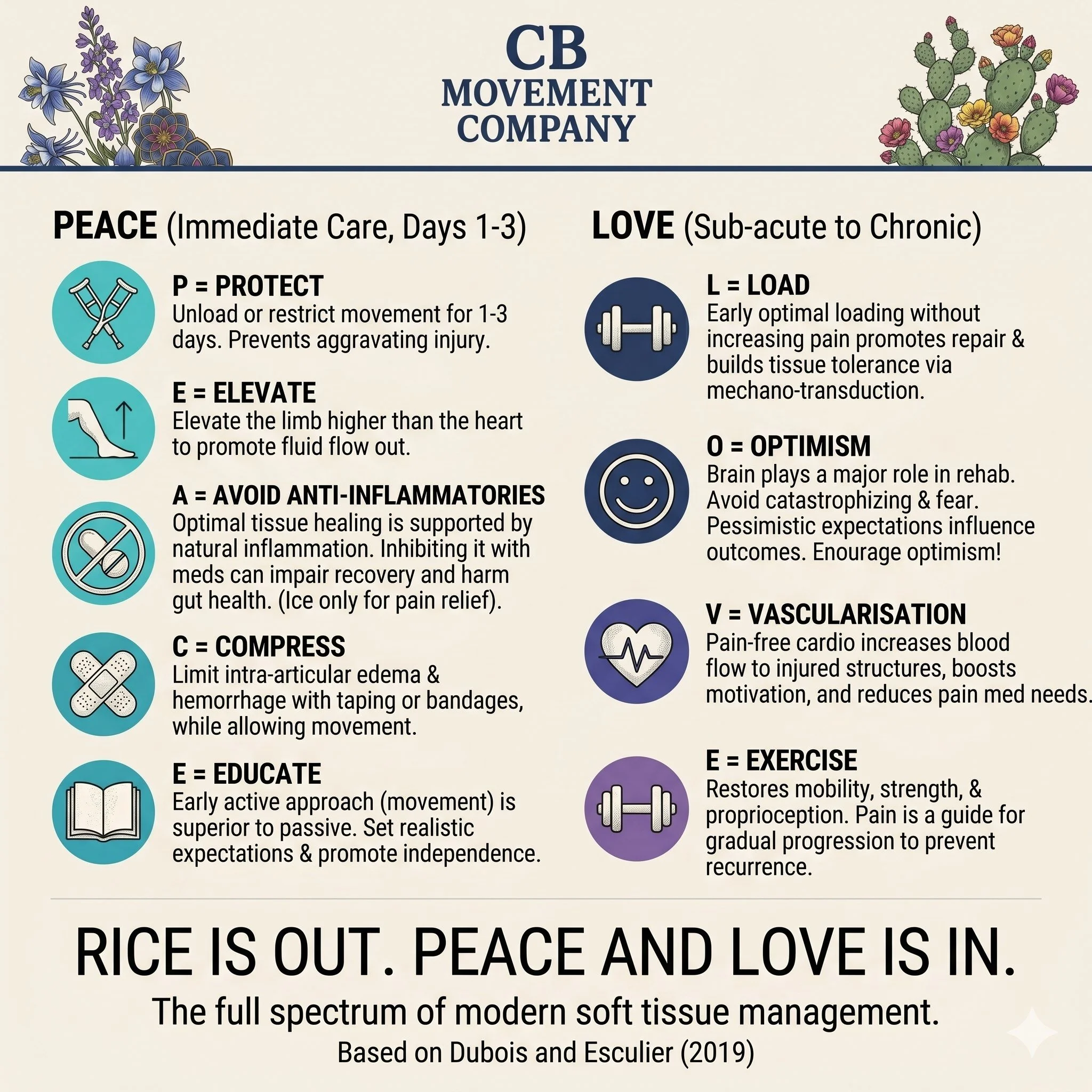 RICE is out. PEACE and LOVE is in.

If you've ever been told to just rest, ice, and pop ibuprofen after an injury, that advice is outdated. Modern soft tissue management is about protecting the injury early, then progressively loading it to build tis