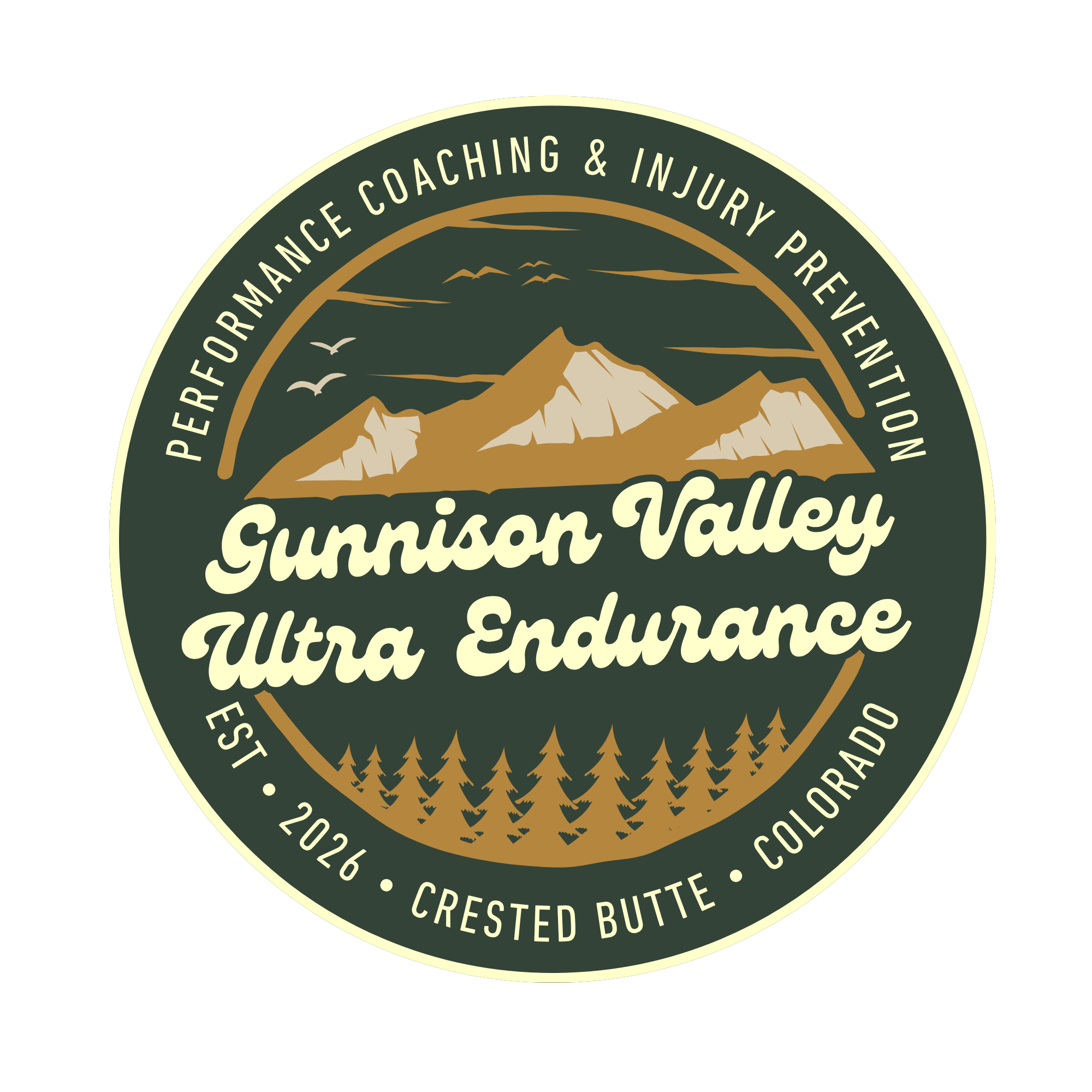 Gunnison Valley Ultra Endurance logo: a round dark green badge with gold mountains and pine trees, reading “Performance Coaching & Injury Prevention” and “Est. 2026, Crested Butte, Colorado.”