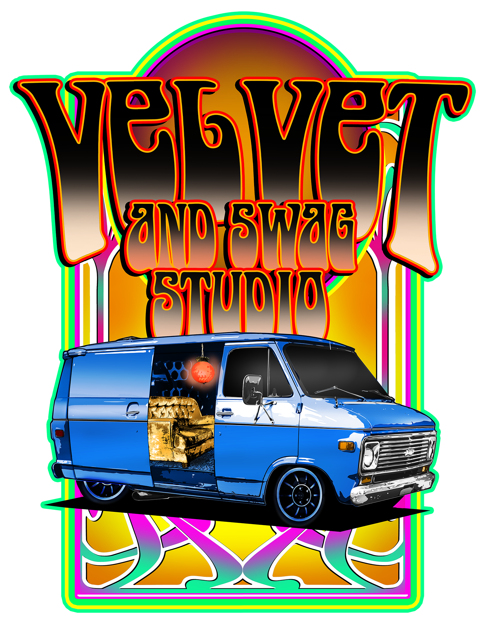 Colorful graphic featuring the text "Velvet and Swag Studio" in stylized font, with a blue van showing a partially visible interior with a gold sofa and a red lamp, set against a vibrant background with neon colors.