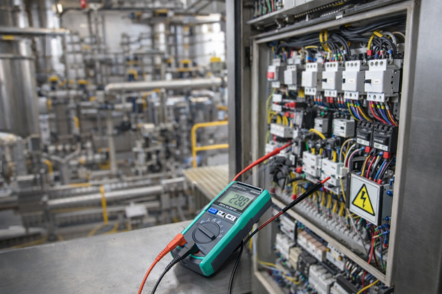 Inspection et tests électriques sur panneau industriel par électricien certifié