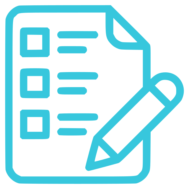 Icône d'une liste avec une fiche et un crayon, représentée en bleu.