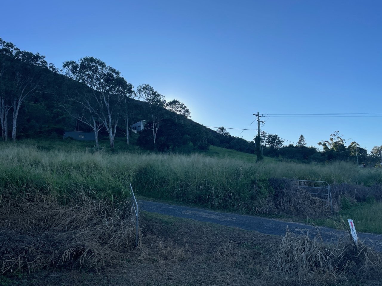 A hillside landscape with grassy foreground, a dirt path, electric poles, and trees against a clear blue sky.