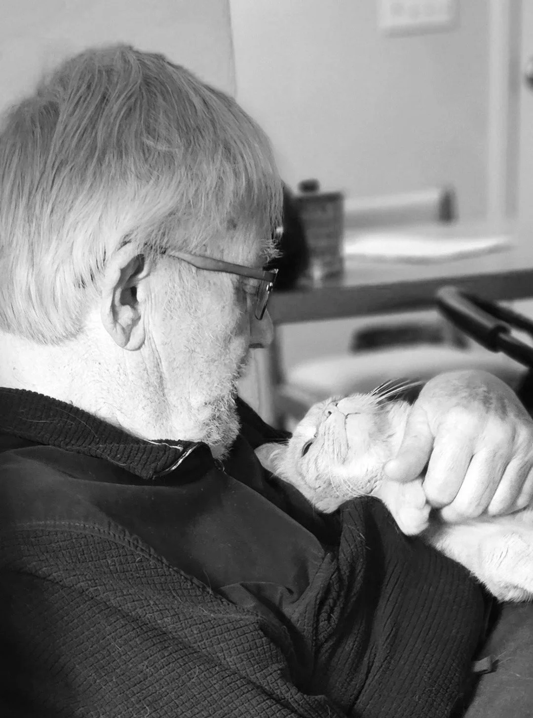 A man with glasses and graying hair holding a kitten close to his face indoors.