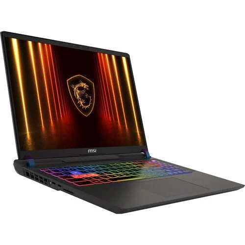 Gaming laptop with rainbow backlit keyboard and MSI logo on screen showing vibrant lines and a dragon emblem.