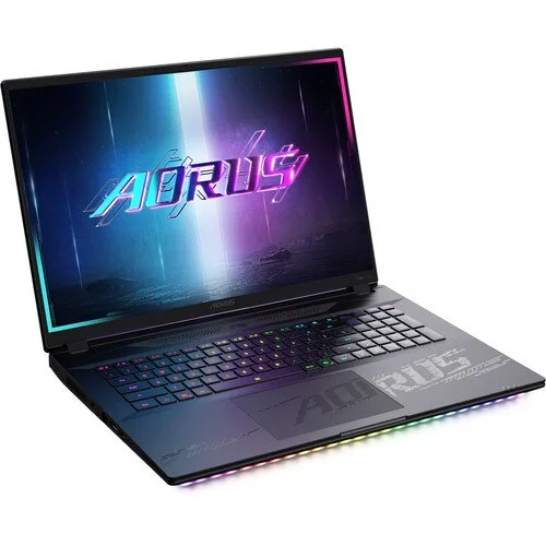 Aorus gaming laptop for running inVision  with a colorful RGB-lit keyboard and a display showing the Aorus logo and graphic background.