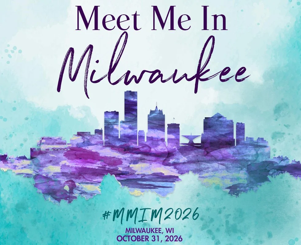 Illustrated graphic of the Milwaukee, WI skyline in purple with the words Meet Me in Milwaukee