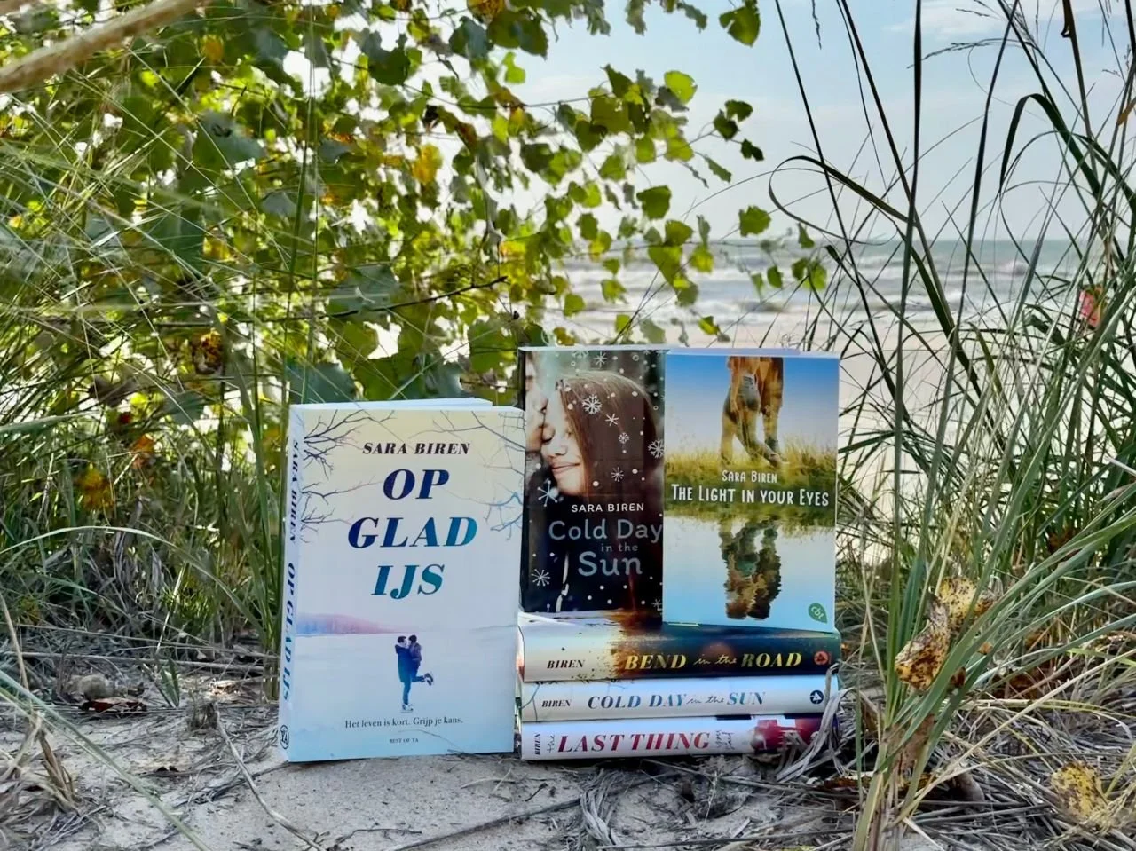 US and foreign editions of books by Sara Biren on a Lake Michigan beach