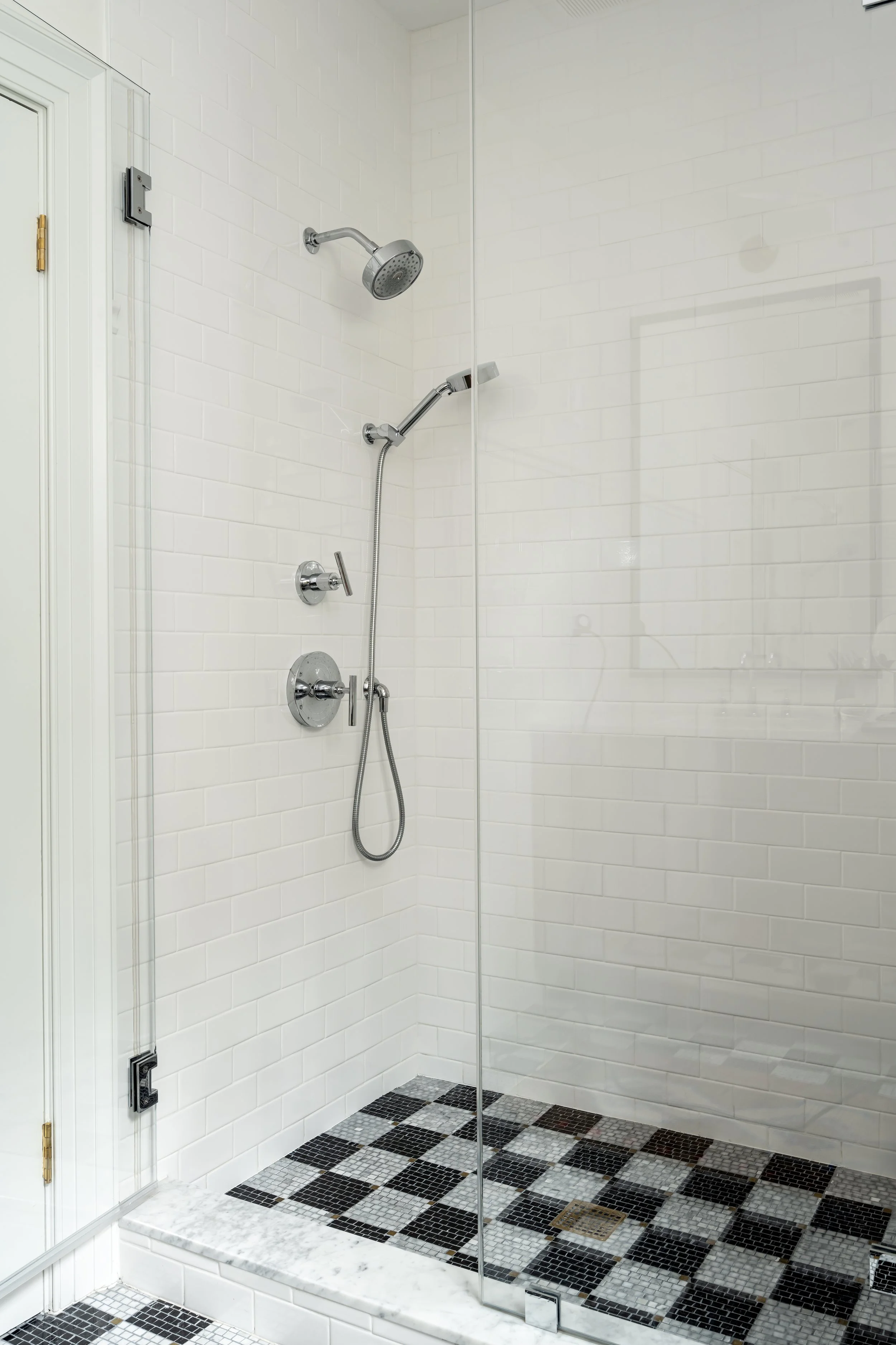 Guest Bath Checkered tile floor with gold corner
