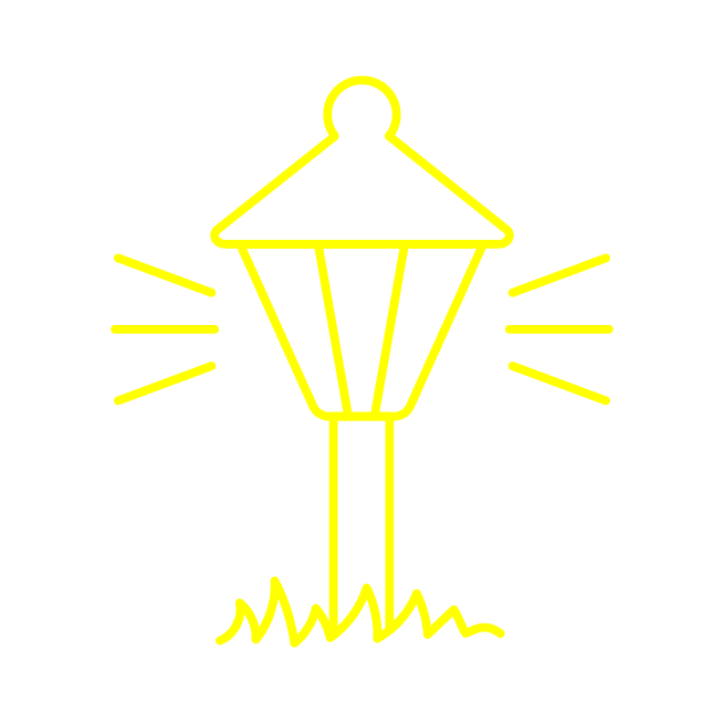 Yellow line illustration of outdoor garden lantern sticking out of grass with light emitting from it