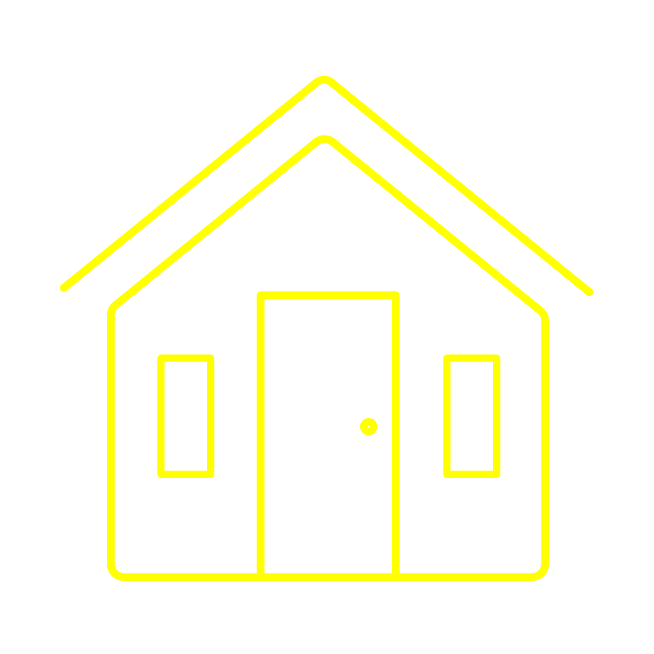 Yellow line illustration of a house with a door, door handle, two windows and a roof