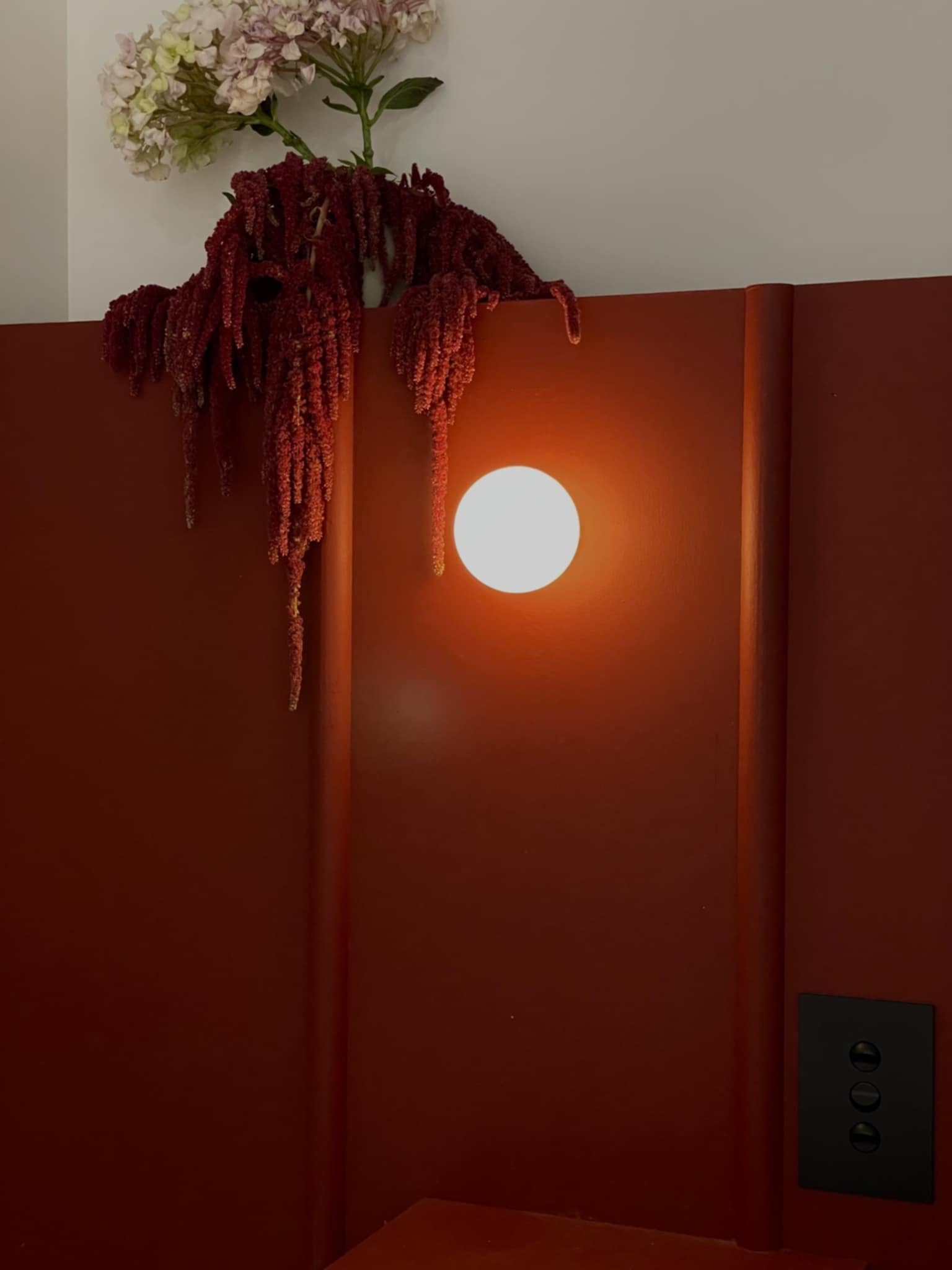 Glowing wall mounted light on red wall next to trailing red plant with white and pink flowers