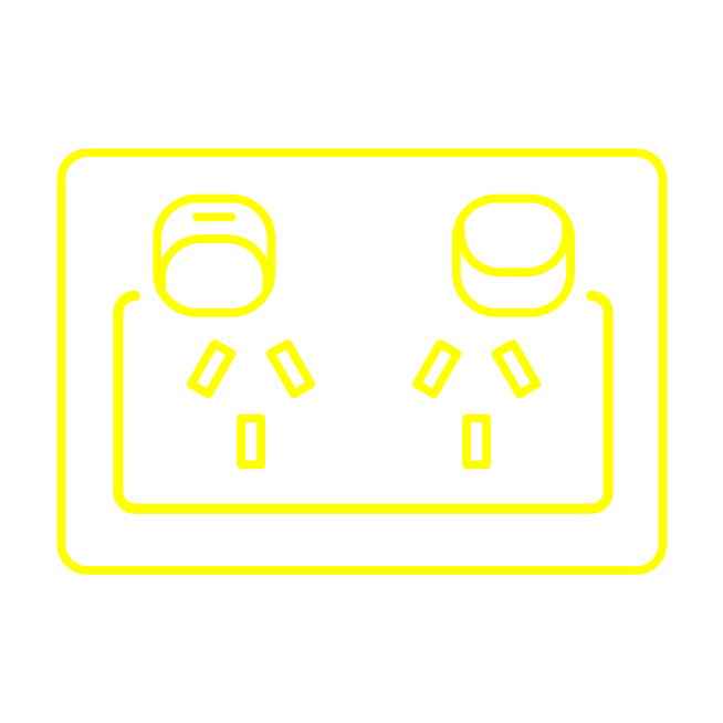 Yellow line illustration of an Australian power board with two plug sockets and two switches