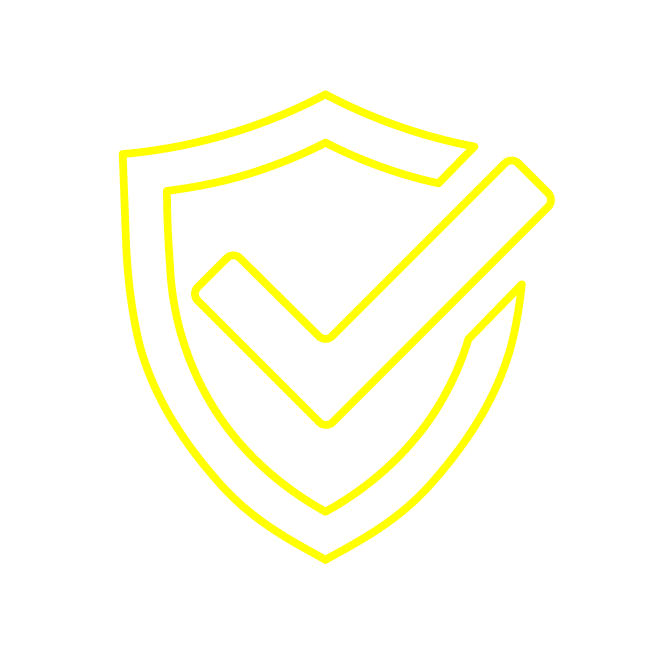 Yellow line illustration of a shield with a tick through it