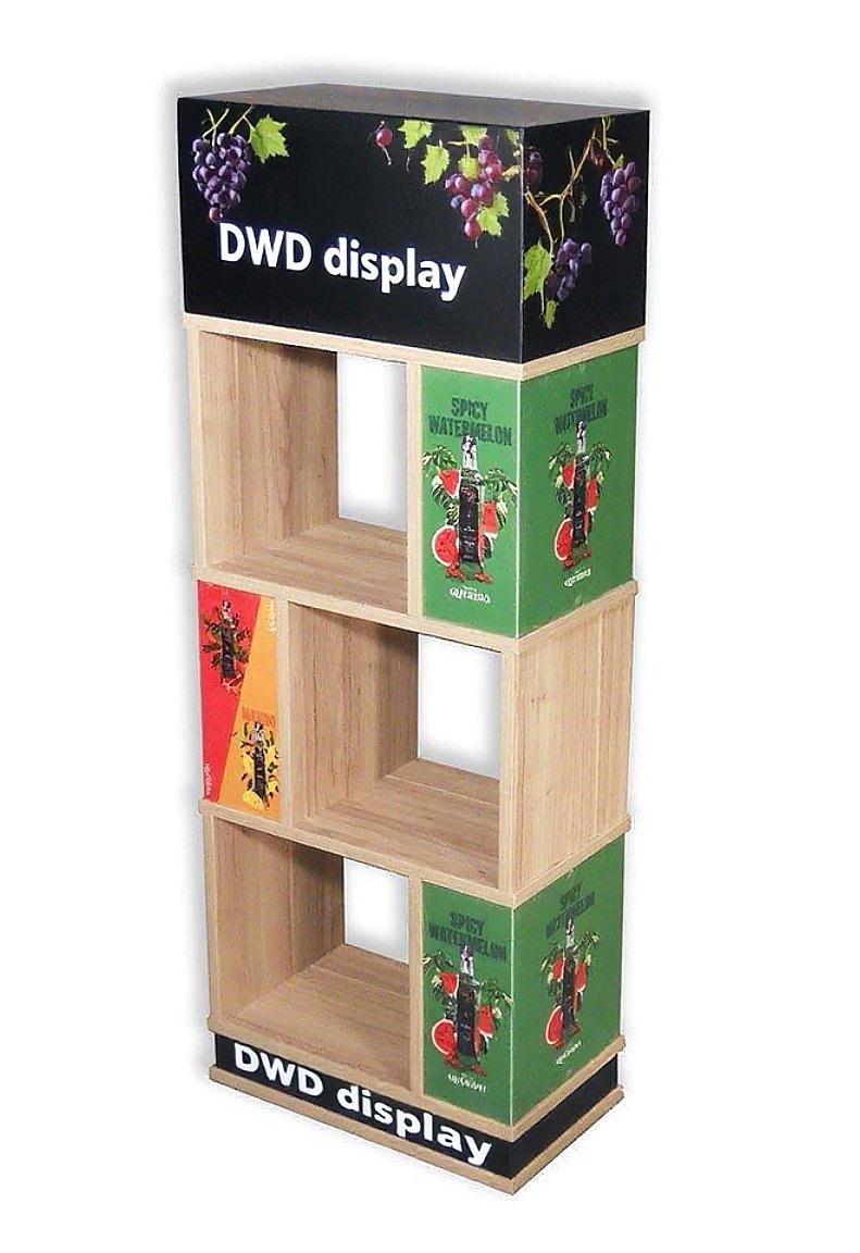 Wooden retail display unit with multiple open shelves and colorful grape and watermelon graphics, labeled "DWD display".