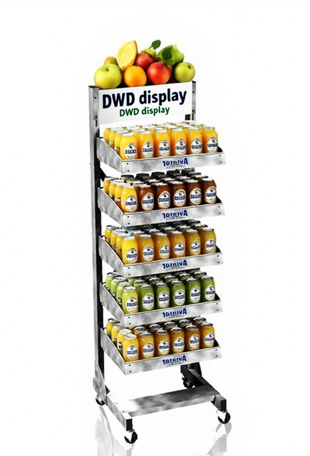 Display stand with apples, oranges, lemons on top, and multiple shelves of bottled beverages underneath.