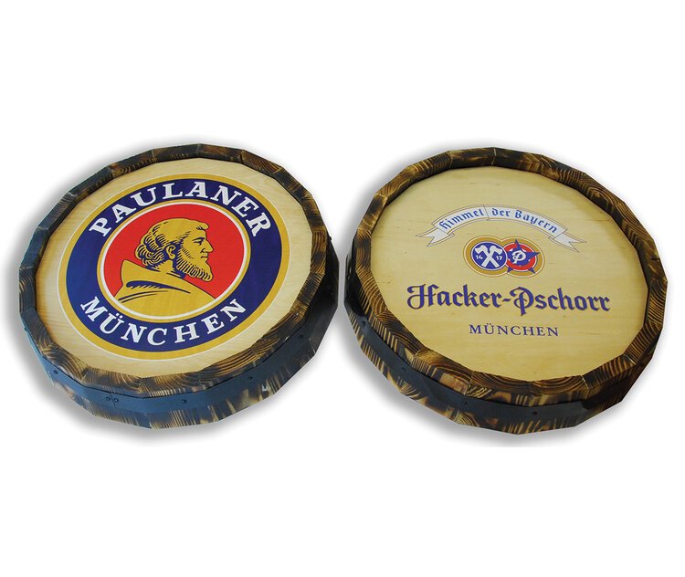 Two wooden coasters with beer brand logos: Paulaner München and Hacker-Pschorr München.