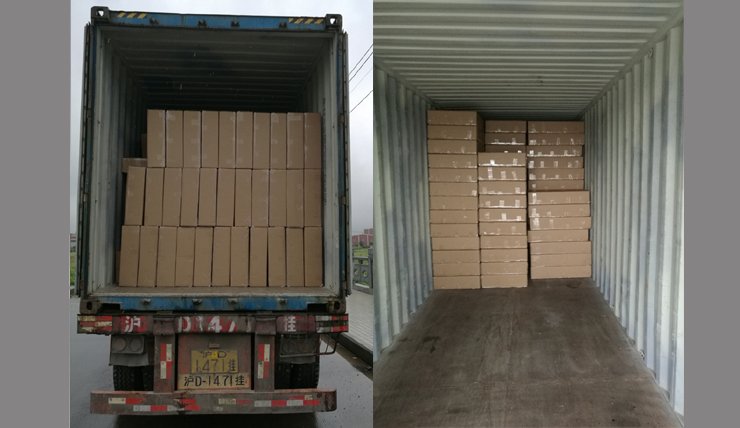 Two images showing the inside of a shipping container filled with cardboard boxes, with one image showing the outside of the container on a truck and the other showing the container's interior with stacked boxes.
