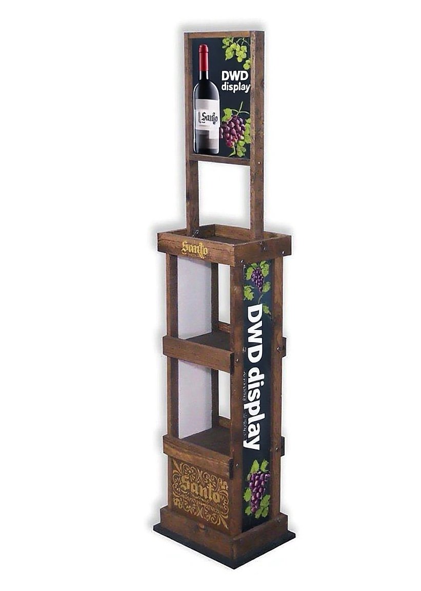 Wooden wine and beverage display stand with shelves, advertising a wine brand called 'Santino', featuring images of a wine bottle, grapes, and text reading 'DWD display'.