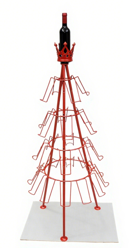 Wine bottle holder designed like a Christmas tree with red wire frame, topped with a red crown.