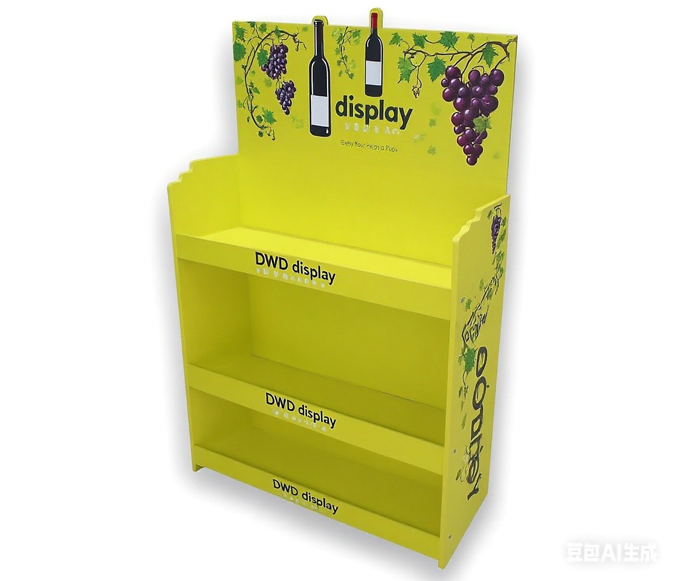 Yellow grape-themed retail display stand with shelves for promoting or selling wine bottles.