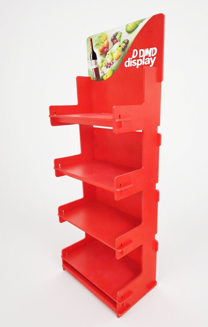 Red candy display shelf with four empty shelves and a curved top section advertising wine and fruit, set against a white background.
