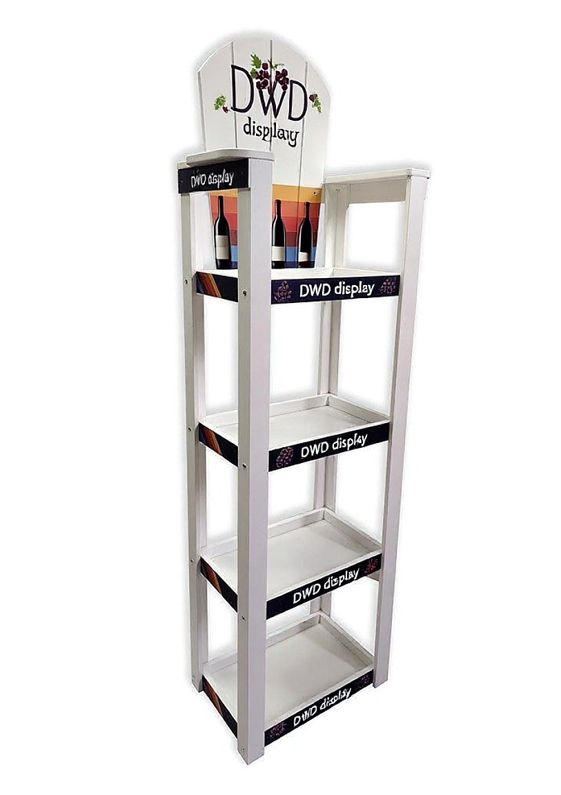 A white three-tiered display shelving unit with black bands that say 'DWD display' multiple times, empty shelves, and a sign on top that says 'DWD display' with grape and leaf decorations, featuring illustrations of wine bottles.