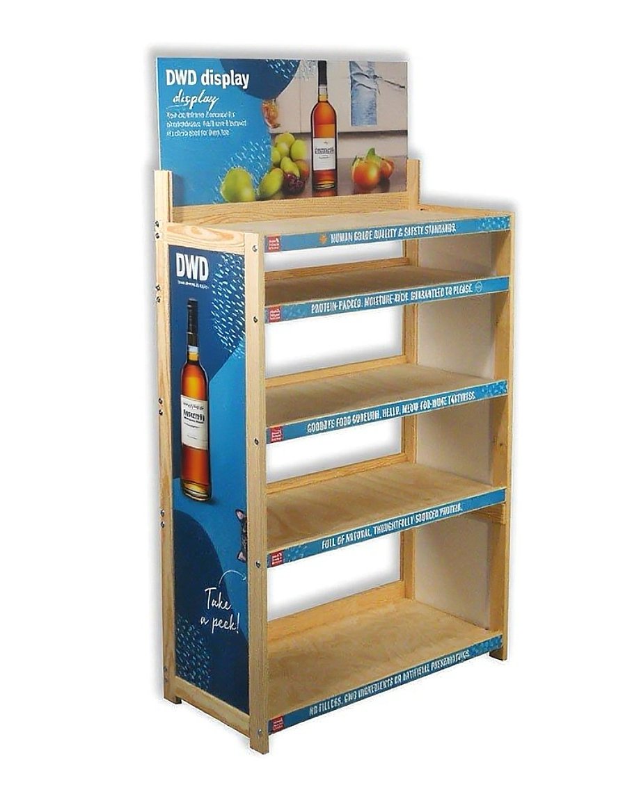 Empty wooden display shelf with a blue and white advertisement banner at the top and side, featuring an image of a wine bottle and fruits, with supportive horizontal bars labeled for displaying products.