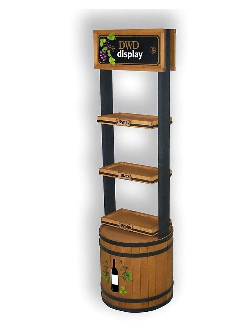 A decorative wooden display shelf with a wine barrel base, featuring three shelves and a sign at the top that reads 'DWD display', decorated with grapevine and grape illustrations.